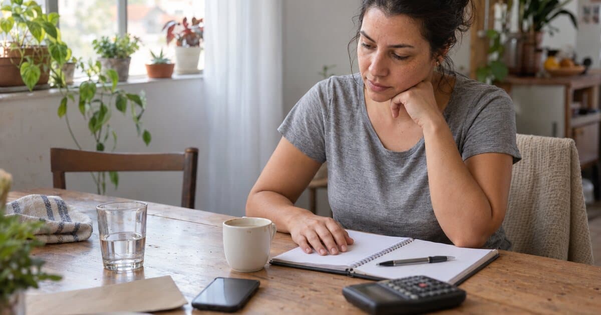 Mulher sentada à mesa de casa com caderno e calculadora planejando como pagar uma cirurgia plástica, comparando consórcio de serviços, cartão de crédito e crédito pessoal