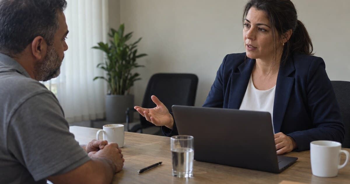 Consultora de consórcio conversa com um cliente sentado à mesa de um escritório com luz natural, explicando como funciona a análise na contemplação para quem está com o nome negativado